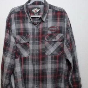 Harley Davidson Embroidered Flannel Long Sleeve Button Up Shirt MENS XL Gray Red